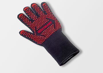 Ansicht auf den rot-schwarzen Handschuh.