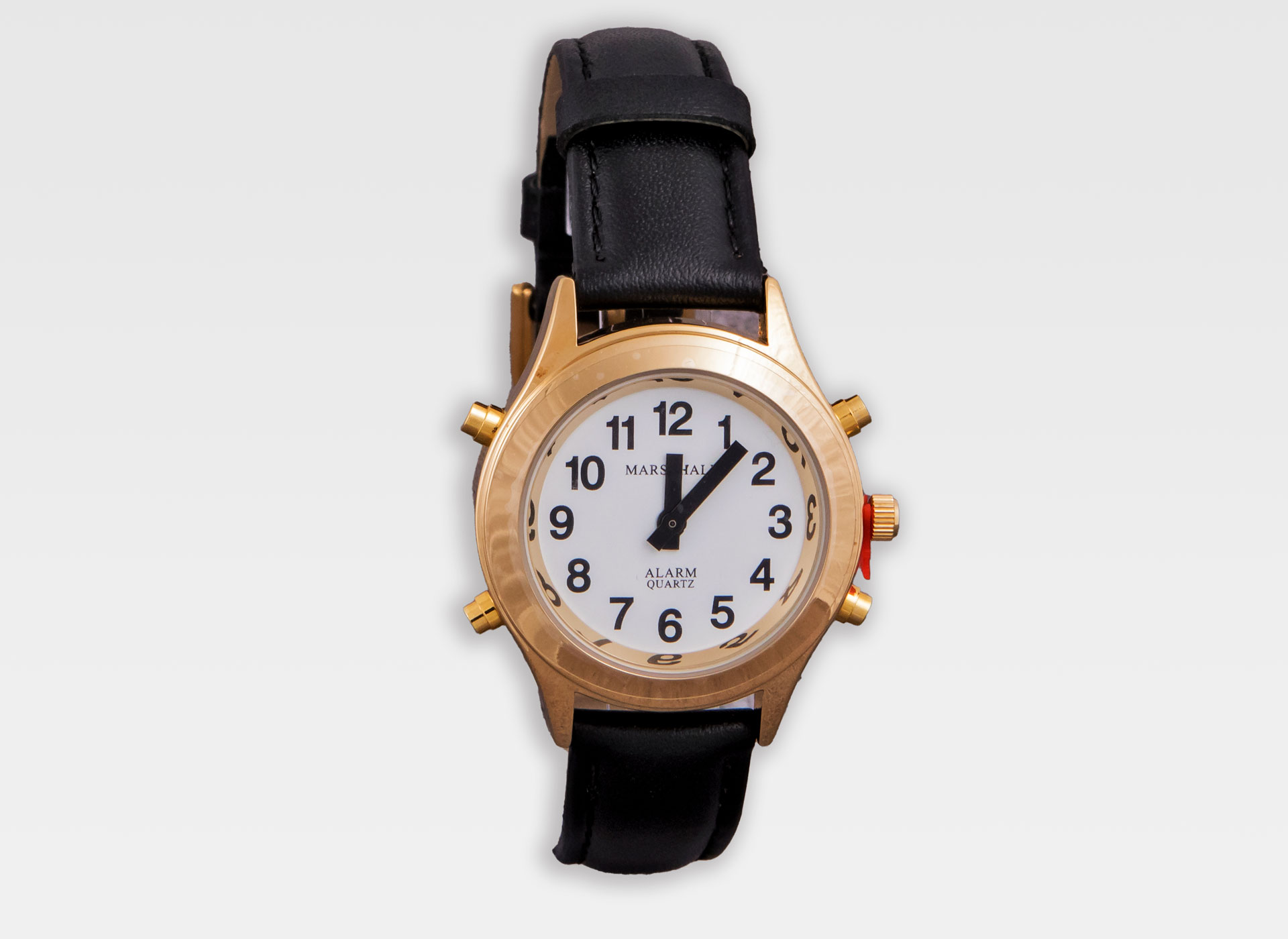 Damenuhr mit schwarzem Lederband.