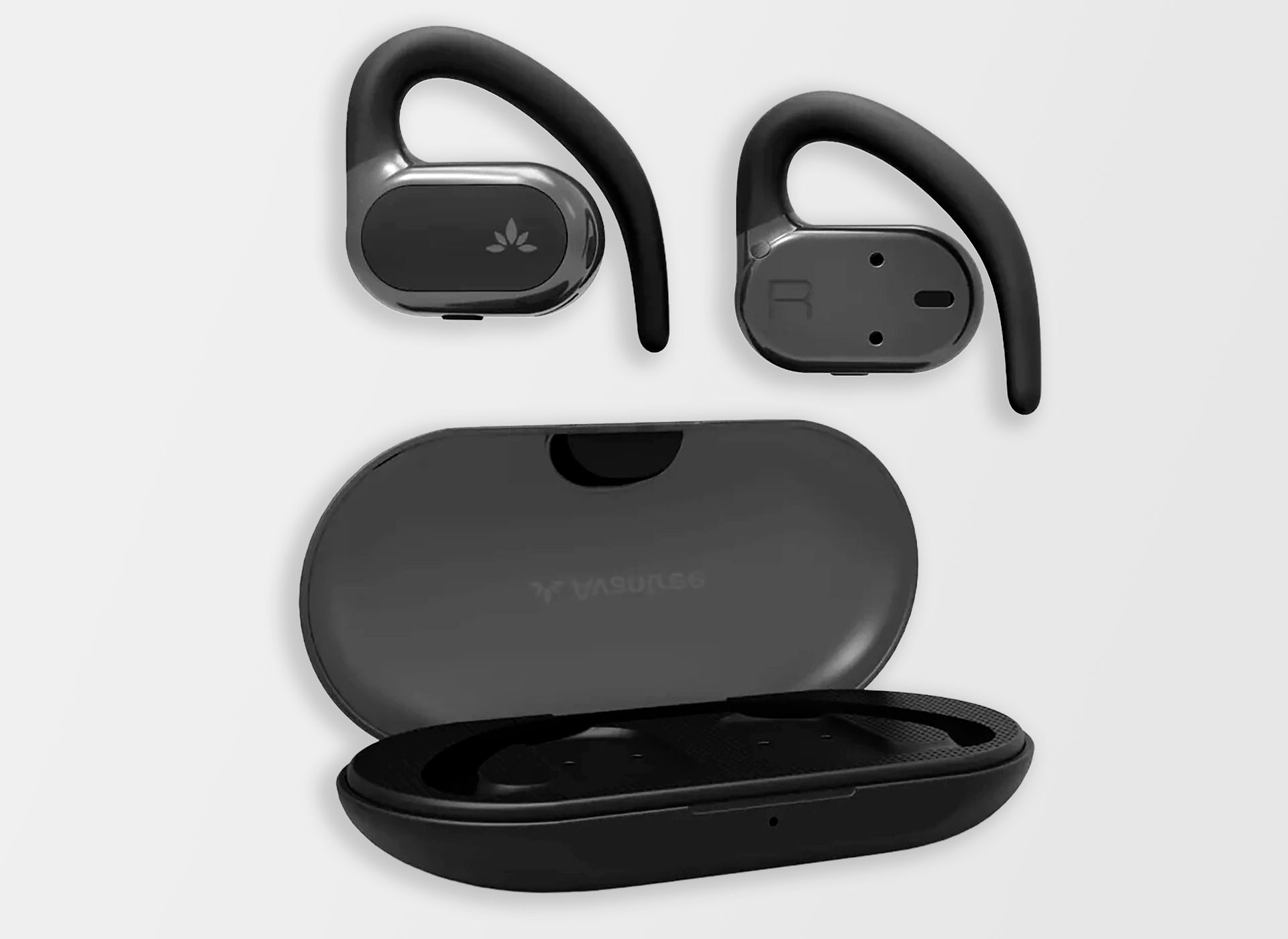 Ansicht auf die schwarzen Kopfhörer mit schwarzem Etui.