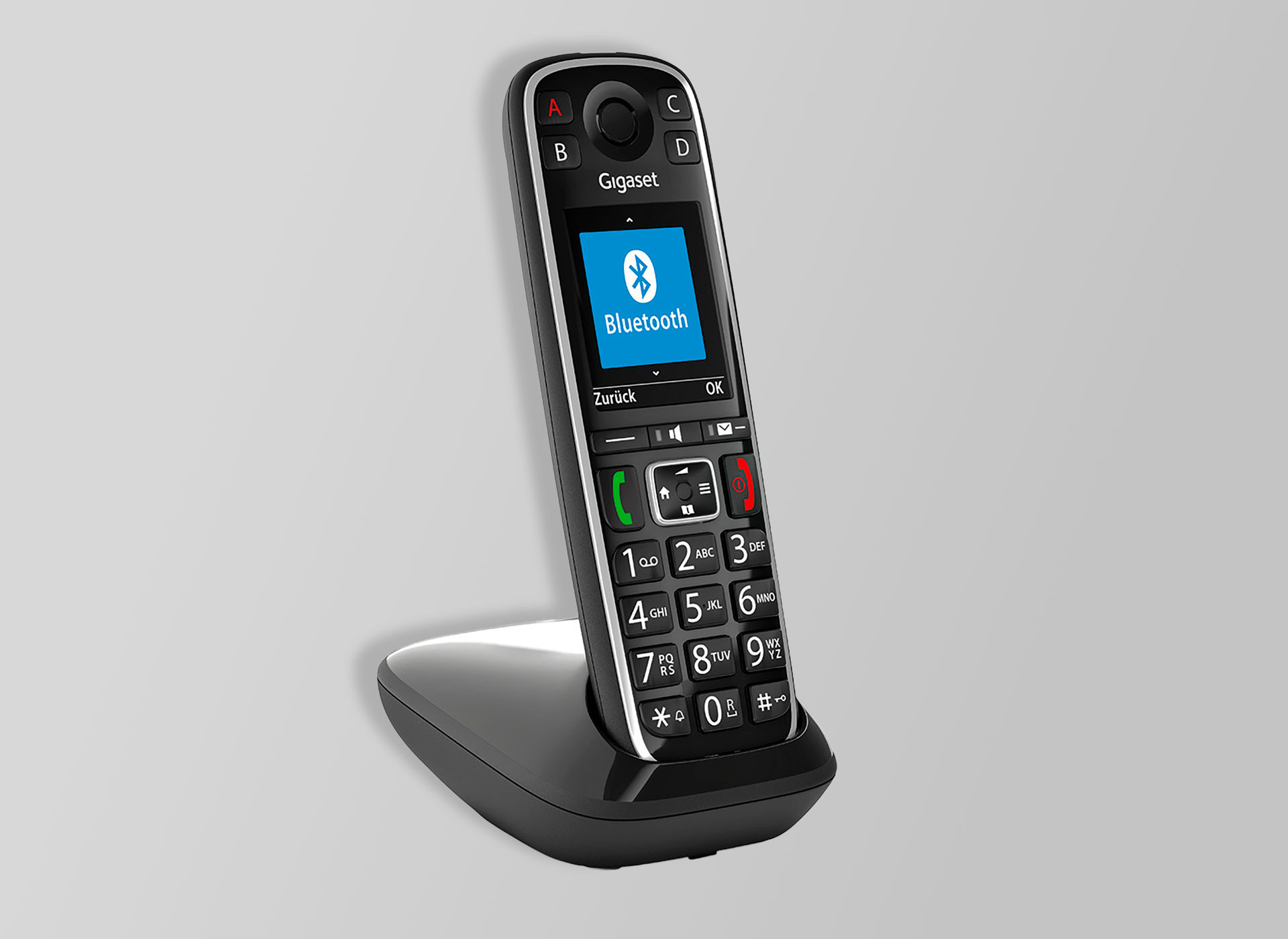 Ansicht auf das schwarze Telefon in der Basisstation.