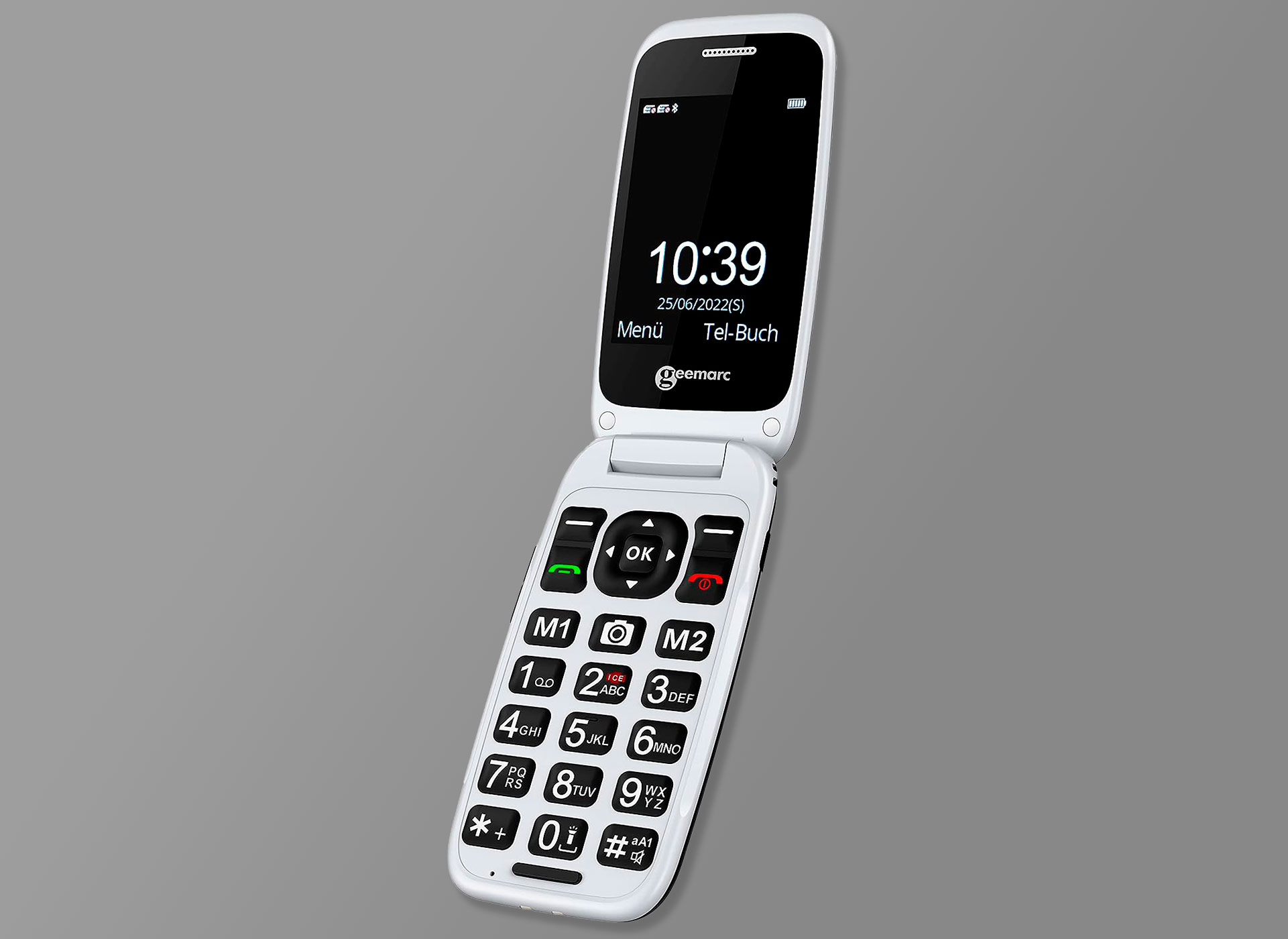 Ansicht auf ein silbernes Klapphandy.