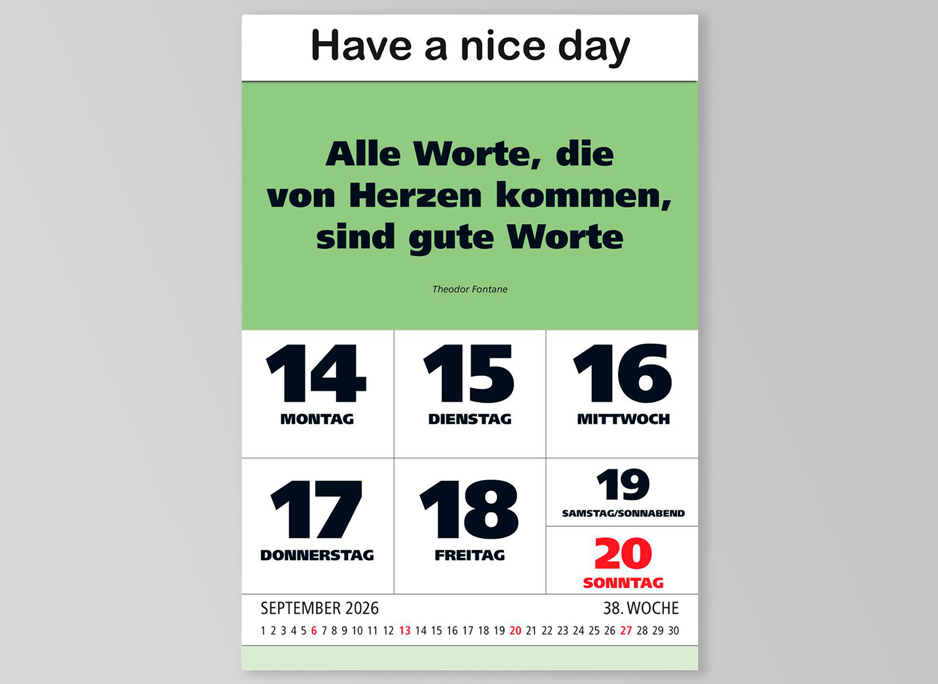 Wandkalender 2026 mit wöchentlicher Anzeige im Großdruck für Sehbehinderte